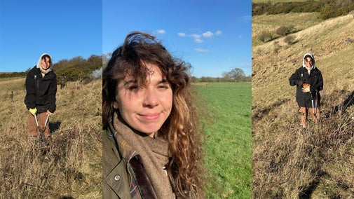 Three photos of Kitty, two of her working in the fields around Saddlescombe Farm, and a closer up image of her face smiling in the sun.